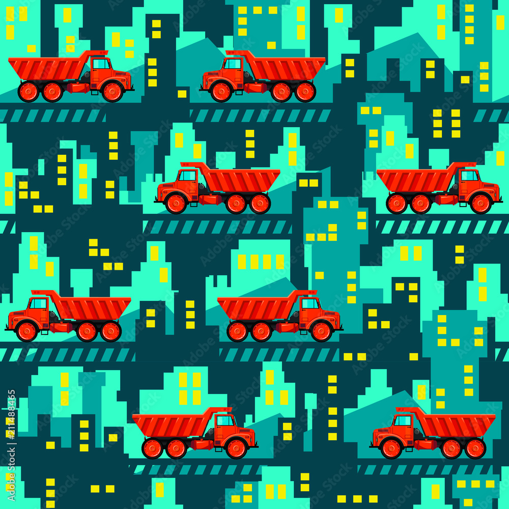 Dumper trucks on the background of industrial buildings. Seamless pattern. All elements are located on different layers and can be easily disabled. Dumper trucks on the background of industrial buildings. Seamless pattern. All elements are located on different layers and can be easily disabled.