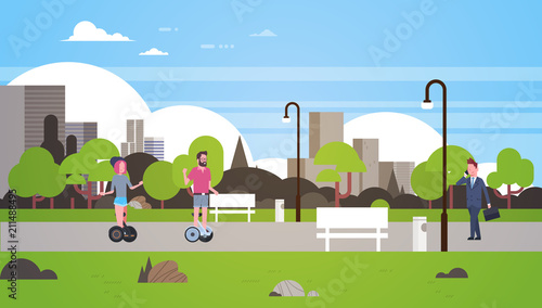 urban park outdoors business man woman riding gyroscooter walking city buildings street lamps cityscape concept horizontal flat vector illustration