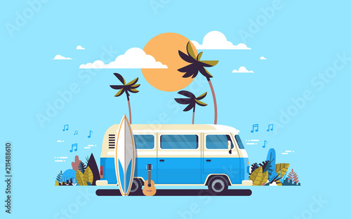 Summer vacation surf bus sunset tropical beach retro surfing vintage melody greeting card horizontal template poster flat vector illustration photo