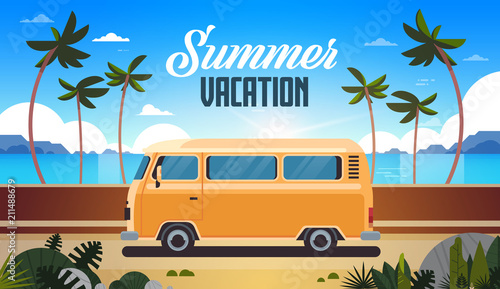 Summer vacation surf bus sunrise tropical beach retro surfing vintage greeting card horizontal with lettering template poster flat vector illustration