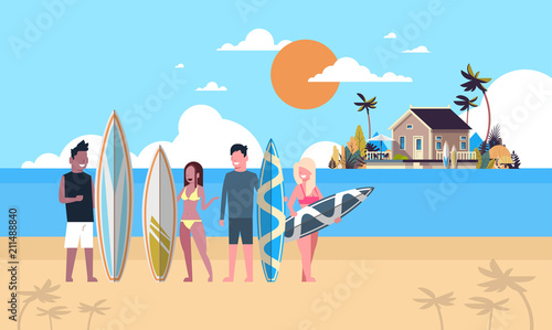 surfer team summer vacation people group surf board on sunset beach villa house tropical island flat vector illustration