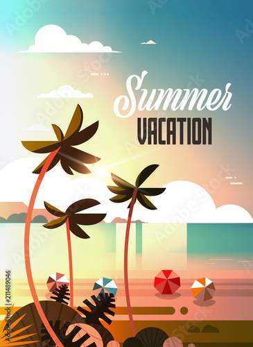 sunset tropical palm beach balls view summer vacation seaside sea ocean flat vertical lettering vector illustration