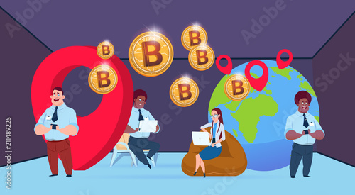 business people bitcoin mining globe with geolocation mix race businessman working together crypto currency flat vector illustration