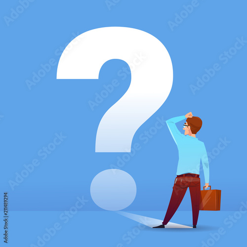 businessman thinking question mark ponder problem business financial concept on blue background flat vector illustration