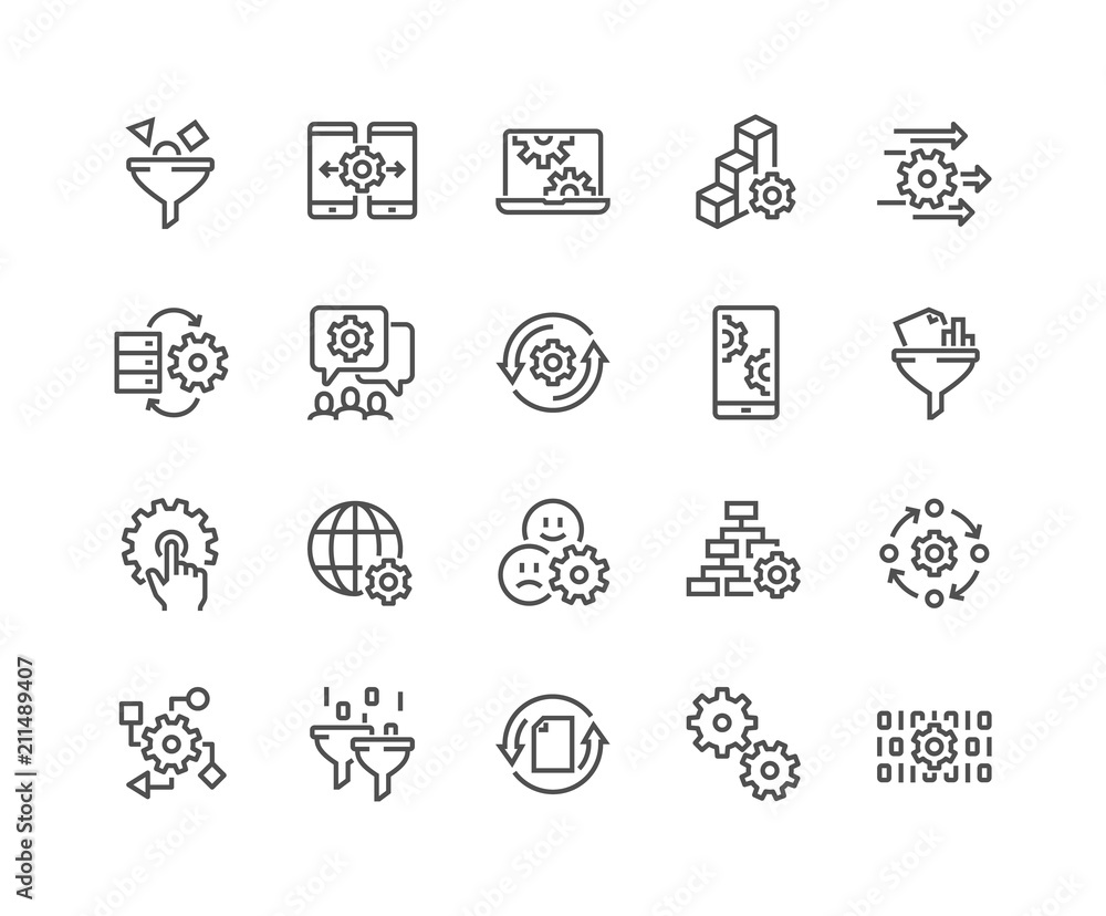 Simple Set of Data Processing Related Vector Line Icons. Contains such Icons as Filter, Gear, Scheme and more. Editable Stroke. 48x48 Pixel Perfect.