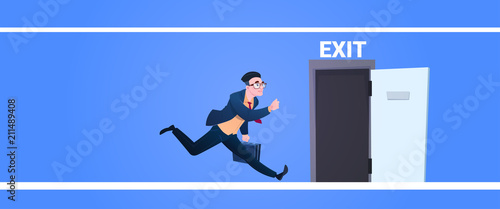 businessman run to open exit door man running from work evacuation sing emergency on blue background flat banner vector illustration © mast3r