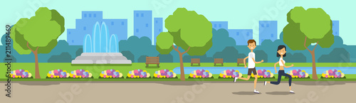 city park man woman activities running green lawn flowers fountain trees cityscape template background banner flat vector illustration