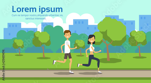 woman man couple running full length on city park green lawn trees template landscape background copy space flat vector illustration