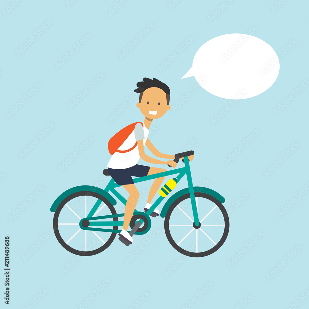 man cycling chat bubble character full length over blue background flat vector illustration man cycling chat bubble character full length over blue background flat vector illustration