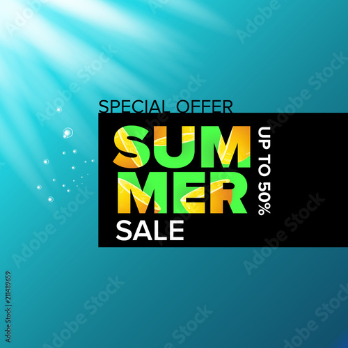 vector summer sale modern design template web banner or poster. Summer sale label with typographic text on azure water background with lights