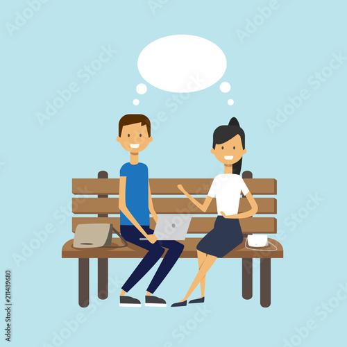 man woman using laptop sitting wooden bench couple chat bubble character full length over blue background flat vector illustration