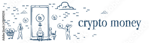 bitcoin mobile application money business people mining online cryptocurrency coins in shopping trolley concept white background sketch doodle banner vector illustration