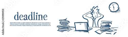 confused businessman holding head tired deadline solve problems concept hard working process white background sketch doodle banner vector illustration