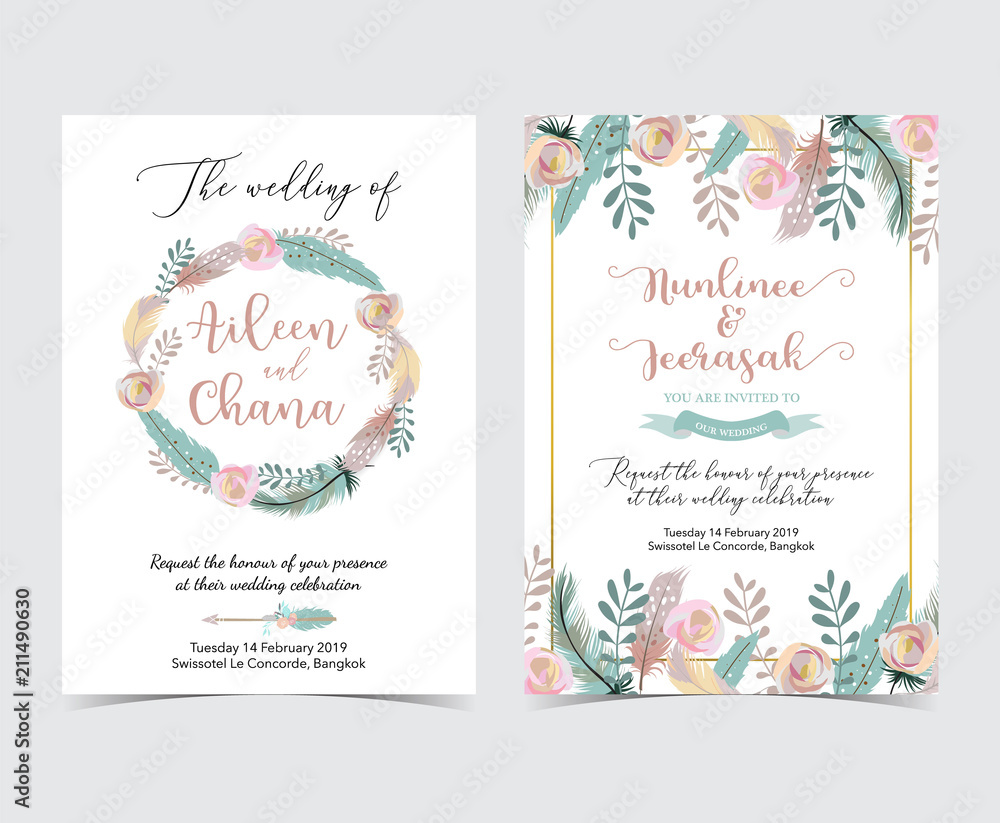 Geometry gold wedding invitation card with flower,leaf,wreath and frame - obrazy, fototapety, plakaty 