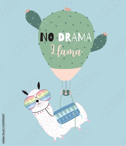 Blue green hand drawn cute card with llama, glasses,cactus balloon in summer.No drama llama