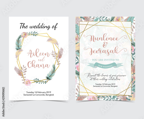 Geometry gold wedding invitation card with flower,leaf,wreath and frame