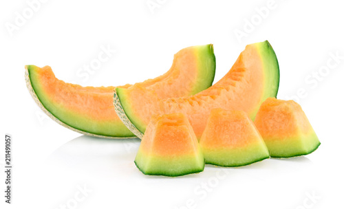 slice of japanese melons, orange melon, or cantaloupe melon isolated on white background