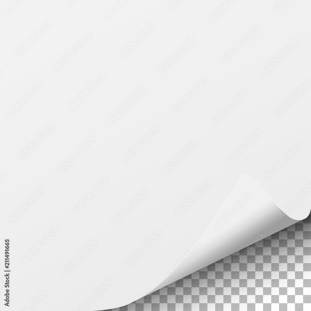 Vector sheet of white paper with curled right corner from the bottom and soft shadow placed on transparent background. Element with space for text and ad. Template paper design. Vector sheet of white paper with curled right corner from the bottom and soft shadow placed on transparent background. Element with space for text and ad. Template paper design.