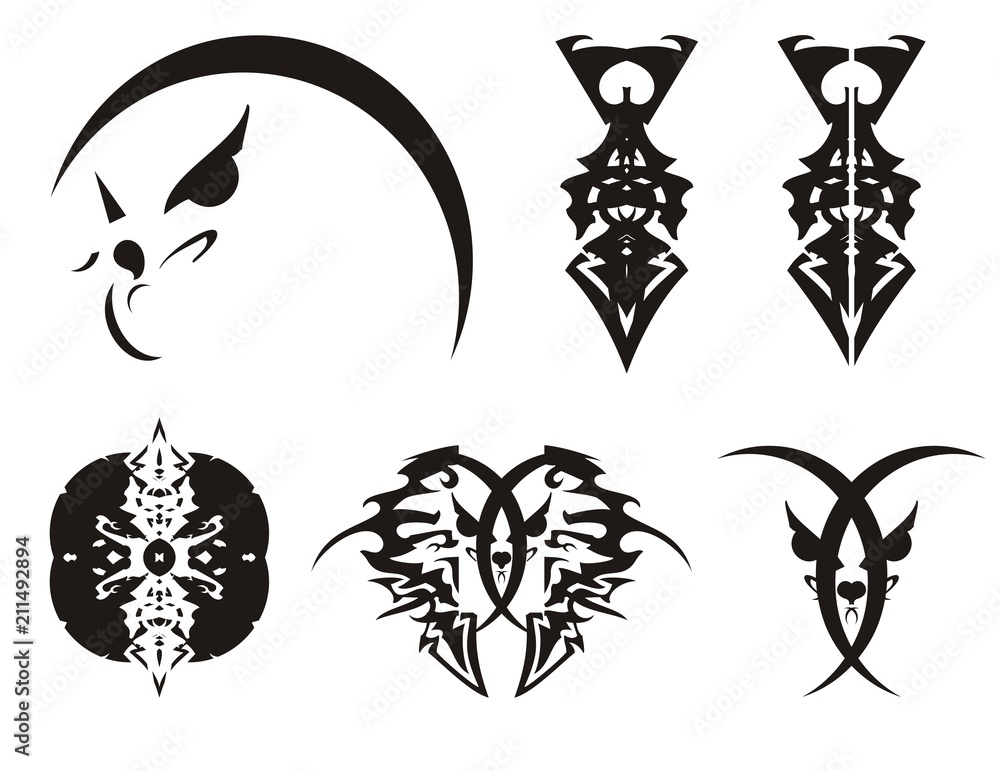 Peaked abstract eagle head, the head of a cat and swords - tribal symbols. A set of decorative ethnic elements in black and white tones for your design
