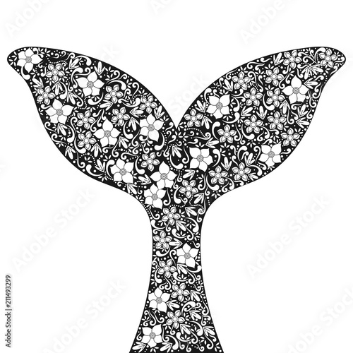 Whale tail. Floral ornament artistic vector illustration for tattoo, t-shirt print