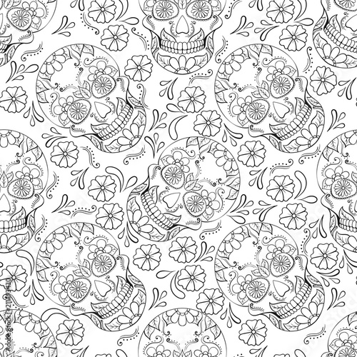 Day of The Dead Skull with floral ornament. Seamless pattern. Mexican sugar skull. Vector illustration