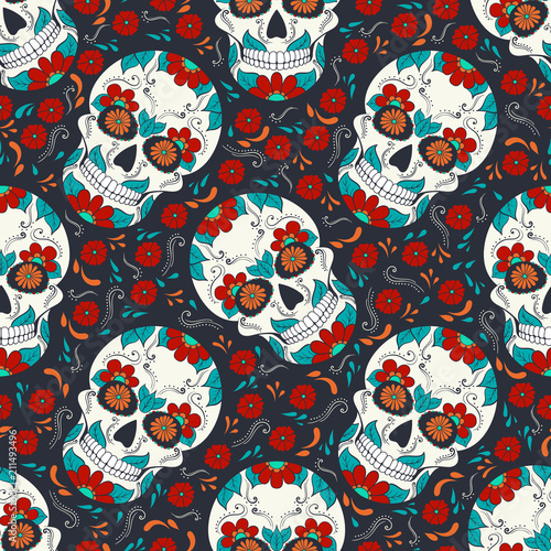 Day of The Dead Skull with floral ornament. Seamless pattern. Mexican sugar skull. Vector illustration