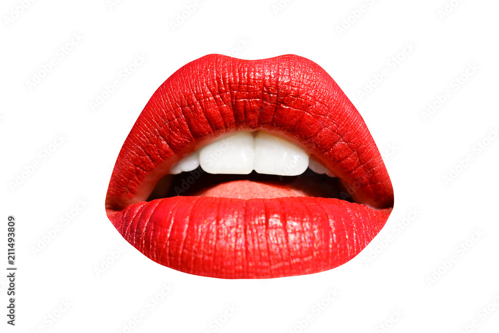 Lips, red lipstick, mouth isolated on white background with white teeth.  Sexy kiss, girl smile, female mouth close up, sensual seductive tongue in  the mouth of a young woman cosmetics. Cosmetology Stock