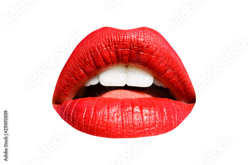 Lips, red lipstick, mouth isolated on white background with white teeth. Sexy kiss, girl smile, female mouth close up, sensual seductive tongue in the mouth of a young woman cosmetics. Cosmetology