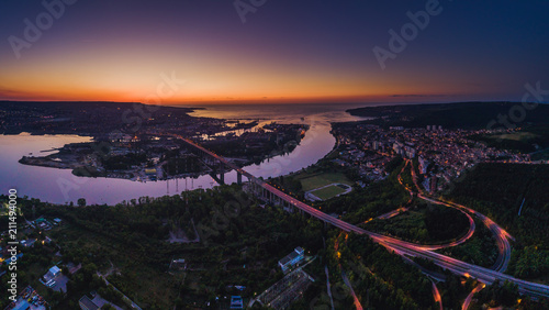 Aerial panorama drone view of Asparuhov bridge and Varna city, Bulgaria