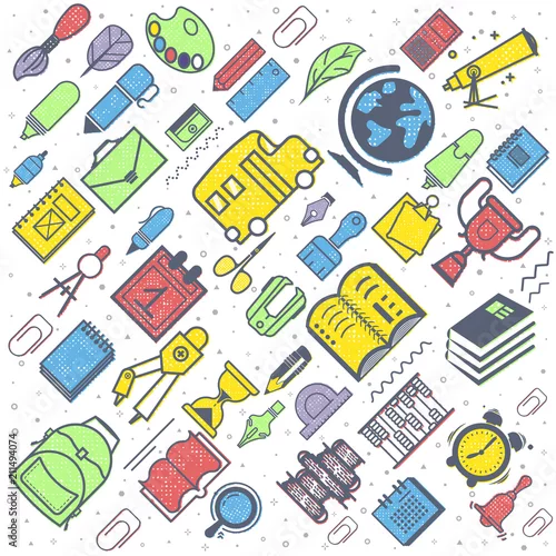 Tapety Koncepcja edukacji wzór. Szkolne tło z ręcznie rysowane przybory szkolne. Powrót do szkoły, kolorowe litery.