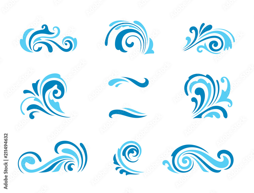 Wave icons, set of simple swirls and splashes on white