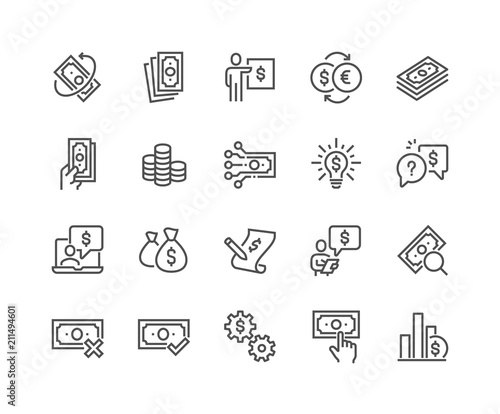 Simple Set of Money Related Vector Line Icons. 
Contains such Icons as Business Idea, Financial Audit, Report and more.
Editable Stroke. 48x48 Pixel Perfect.