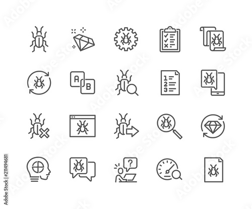 Simple Set of Quality Assurance Related Vector Line Icons. 
Contains such Icons as UI Testing, Bug Report, Test Case and more.
Editable Stroke. 48x48 Pixel Perfect.