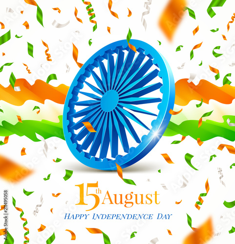 India independence day illustration. Indian symbol - Ashoka wheel, abstract flow waves and confetti in the colors of the indian national flag. Vector greeting illustration.