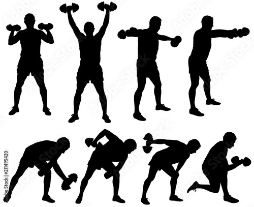 Silhouette of man working out with dumbbells.