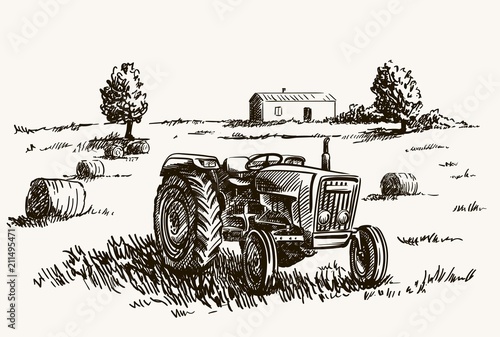 Wheel agricultural tractor. vector sketch