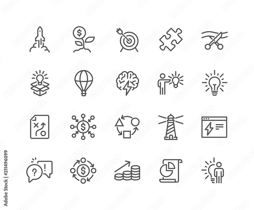 Simple Set of Startup Related Vector Line Icons. 
Contains such Icons as Goal, Out of the Box Idea, Launch Project and more.
Editable Stroke. 48x48 Pixel Perfect.