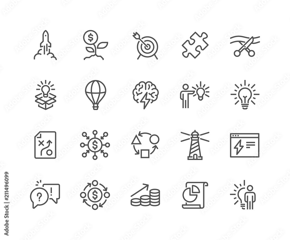 Simple Set of Startup Related Vector Line Icons.
Contains such Icons as Goal, Out of the Box Idea, Launch Project and more.
Editable Stroke. 48x48 Pixel Perfect. Simple Set of Startup Related Vector Line Icons.
Contains such Icons as Goal, Out of the Box Idea, Launch Project and more.
Editable Stroke. 48x48 Pixel Perfect.