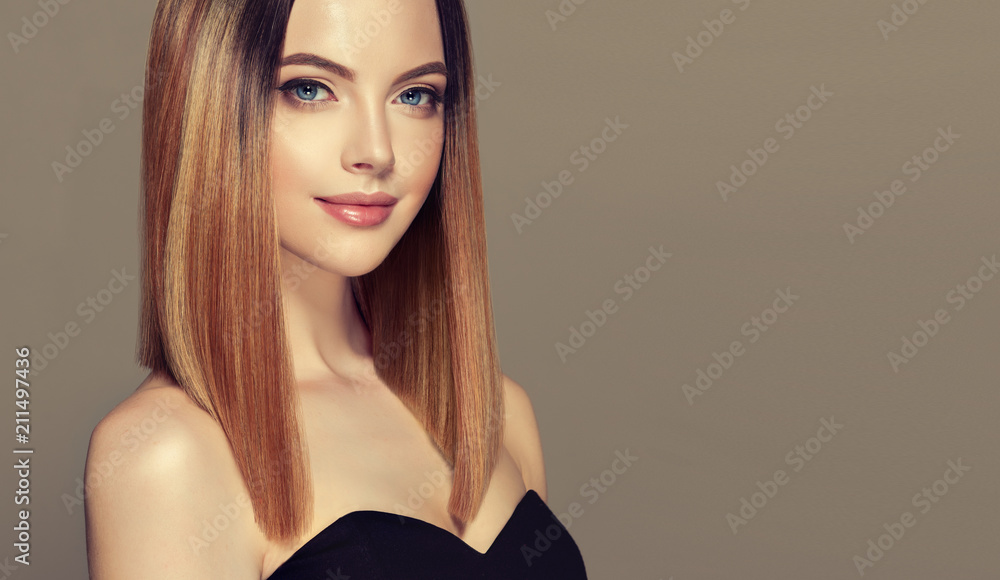 Beautiful model girl with shiny brown and straight long hair .Keratin  straightening .Treatment, care and spa  length hairstyle.  Coloring, ombre,and highlighting Stock Photo | Adobe Stock