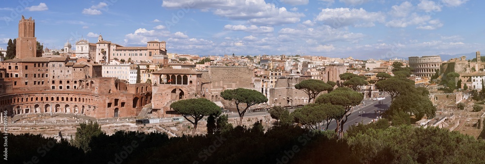 Wide view of the city of Rome, Italy, with the Colosseum and the Mercati di Traiano