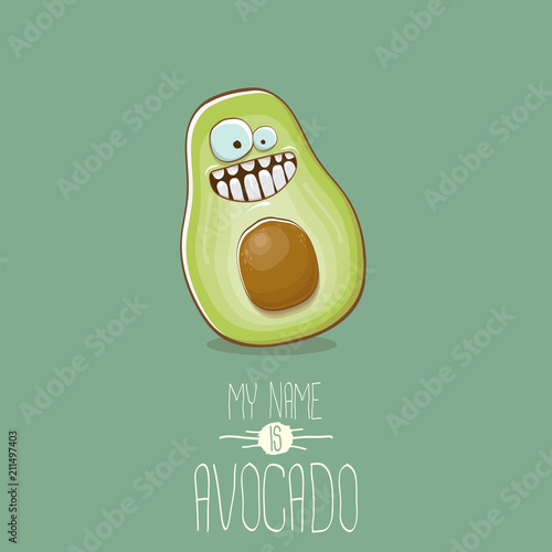 funny cartoon cute green avocado character isolated on green background. My name is avocado vector concept. vector healthy summer fruit character