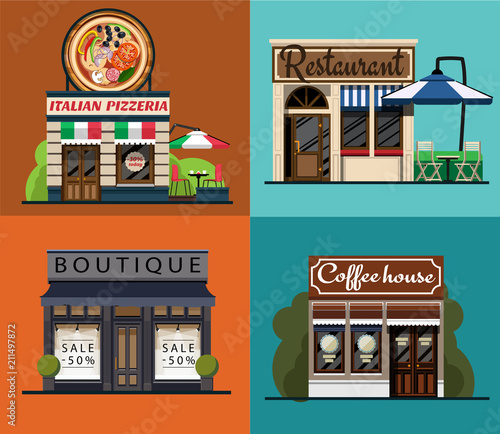 A set of facades of an Italian pizzeria, restaurant, boutique, cafe in a flat style. Facade of the Italian pizzeria. Facade of the restaurant. Facade of the boutique. Facade of the coffeehouse. Vector