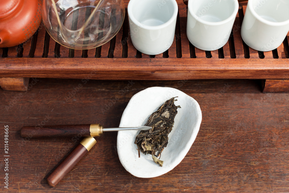Traditional tea ceremony accessories Chinese clay teapot with green and puer tea Traditional tea ceremony accessories Chinese clay teapot with green and puer tea