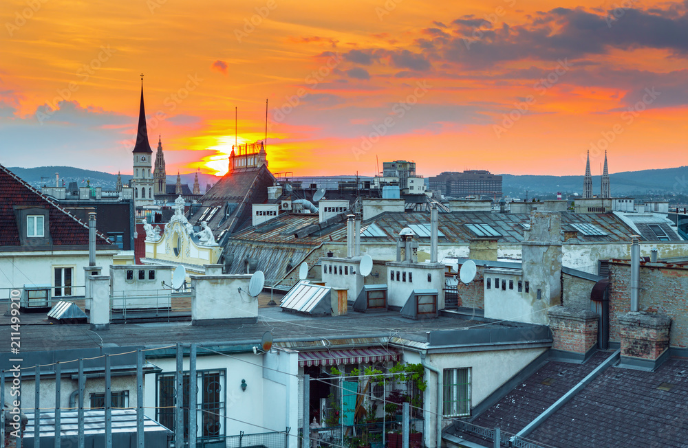 Rooftop view over Vienna center old town and Cathedrals at the sunset, Austria