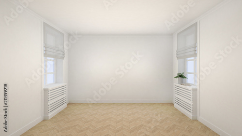 Empty white room interior modern style with windows and wooden floor. 3d Render