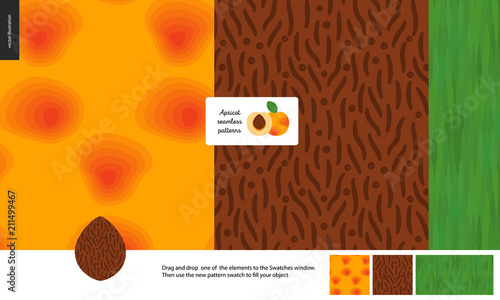 Food patterns, summer - fruit, apricot texture, half of apricot image in center - three seamless patterns of apricot yellow orange smooth rind, seed with grainy smooth texture and green leaf pattern