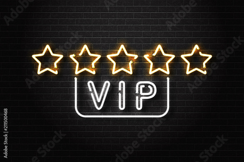 Vector realistic isolated neon sign of VIP logo with five stars for decoration and covering on the wall background. Concept of private room, luxury and night club.