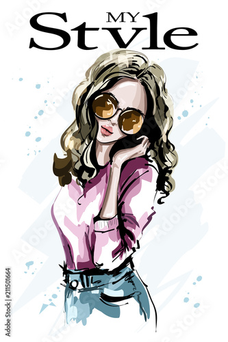 Hand drawn beautiful young woman in sunglasses. Fashion woman portrait. Stylish girl. Sketch. Vector illustration.