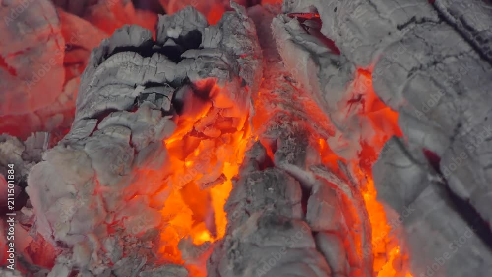 Close up of glowing flame from charcoal and firewood in kiln. abstract backgrounds
