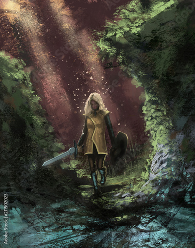 Female adventurer in a dangerous forest with her magic sword going on a quest  - Digital fantasy painting